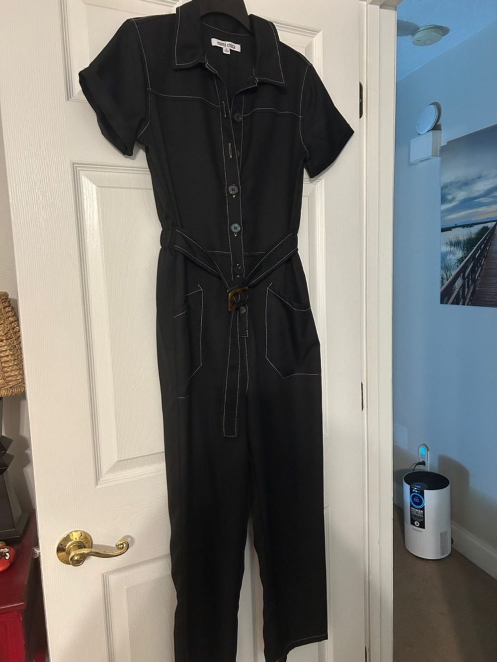 Mimi Chica Black Short-Sleeve Utility Jumpsuit with Contrast Stitching